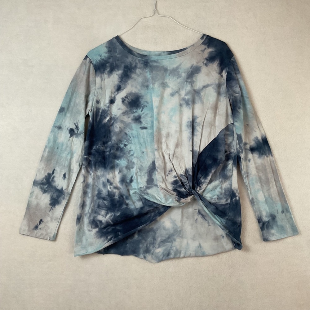 Umgee USA Womens Blue Grey‎ Tie Dye Twist Front Long Sleeve Cotton Knit Top S